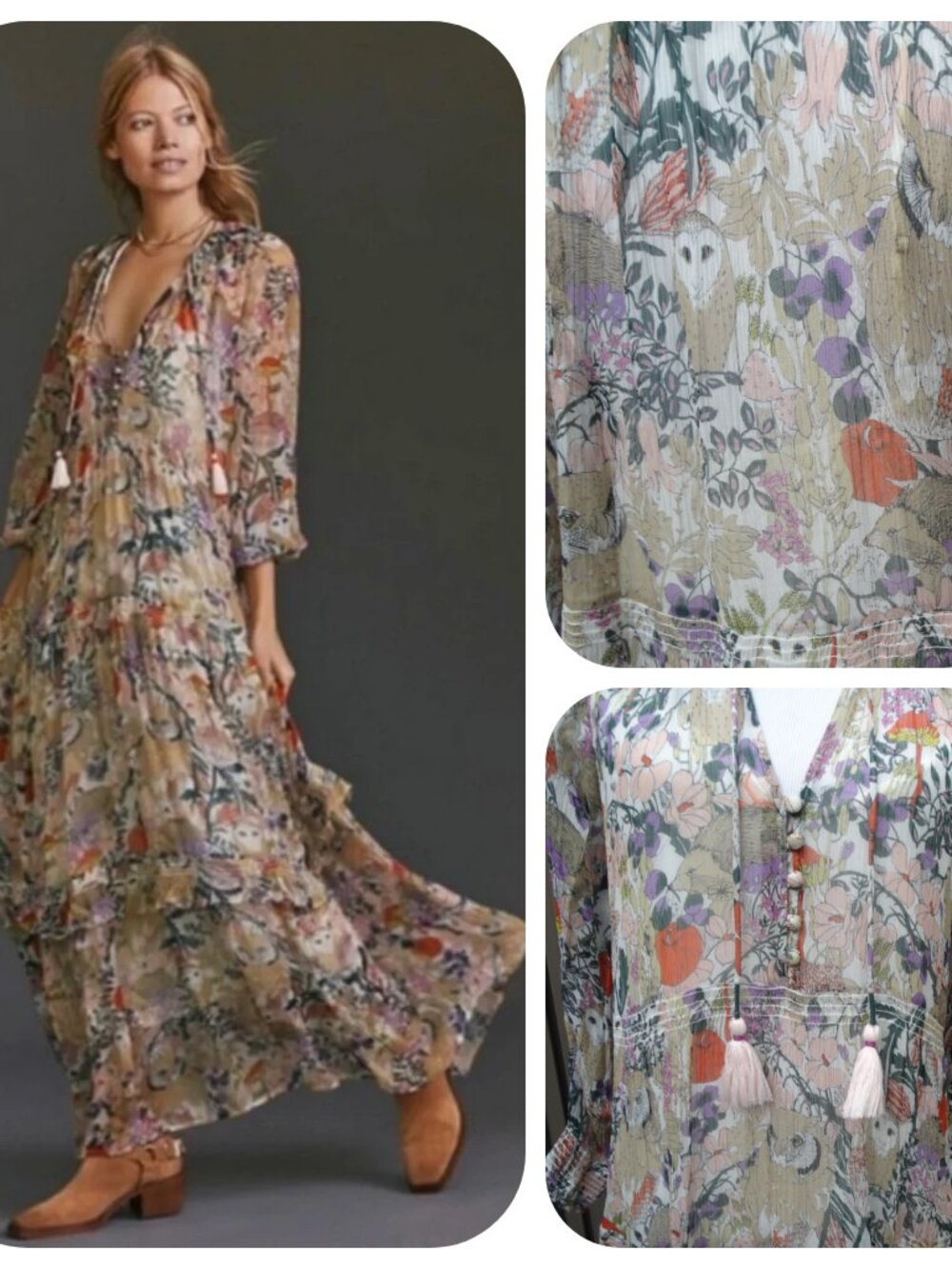 Anthropologie Marais Maxi Dress Medium Woodland Owl Mushroom Flowy Tiered w slip